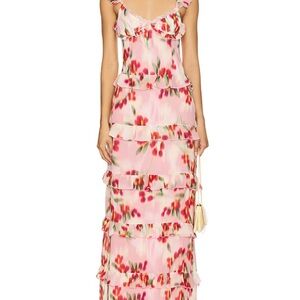 Elegant Pink Floral Ruffle Maxi Dress